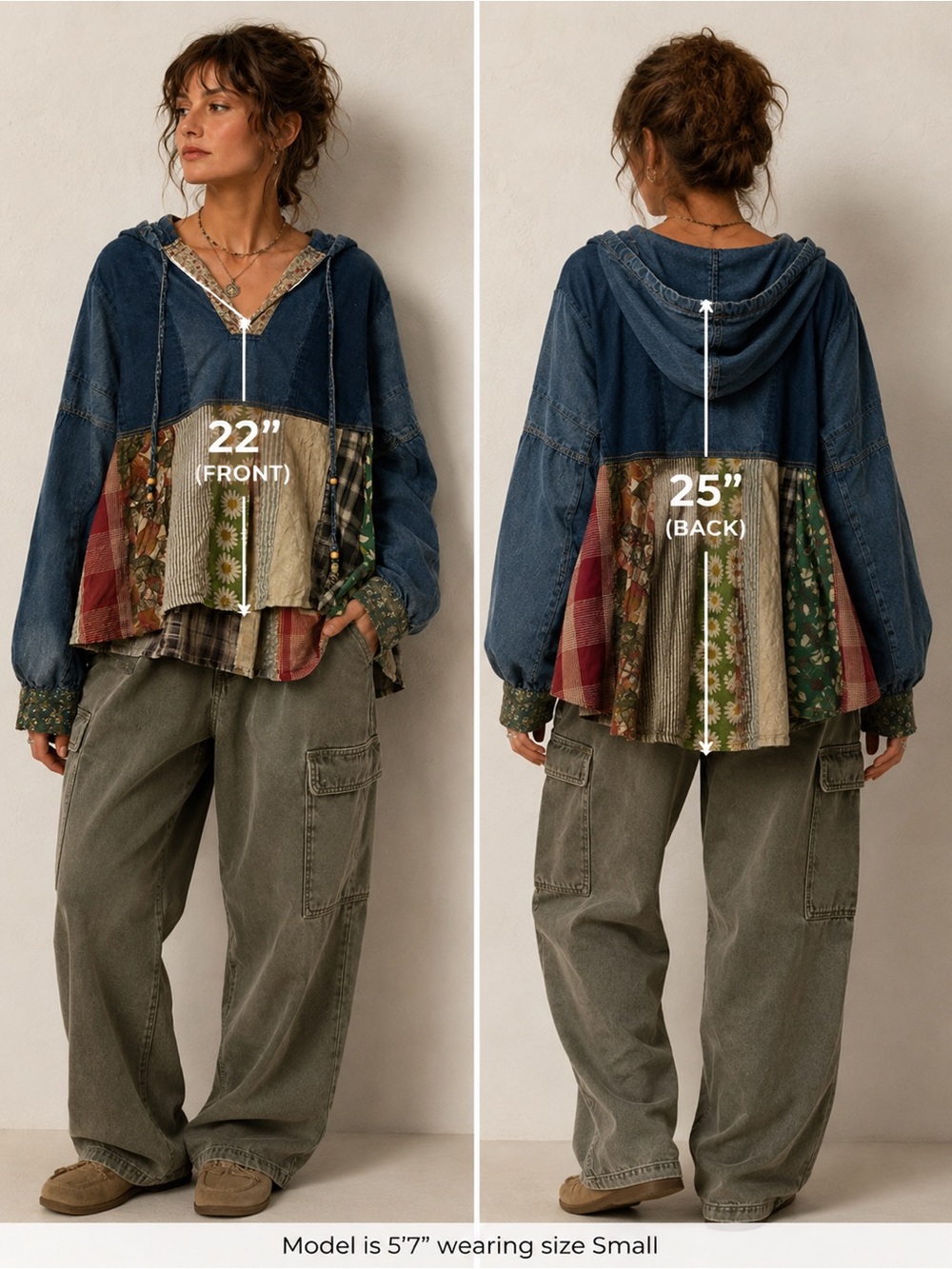 NWT Young Threads Mixed Media Patchwork Denim Hoodie top - Picture 2 of 15